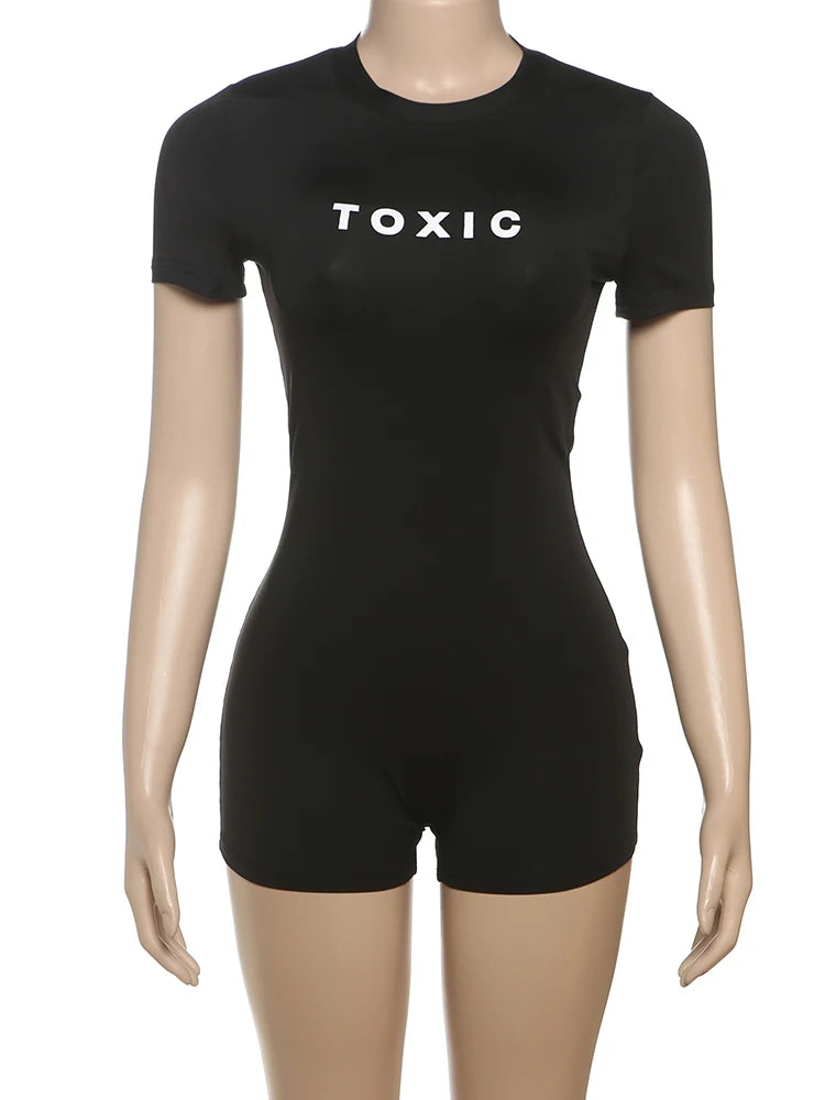 Weird Puss Letter Print Fashion Romper Women Body-Shaping  o-Neck Mini Sleeve Tight Peach Hip Casual Simple Workout Playsuits