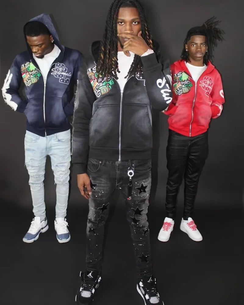 Harajuku Trend Brand Casual Loose Oversized Zipper Hoodie Men Y2k Gothic Retro Letter Flame Embroidered Sweatshirt Jacket Women