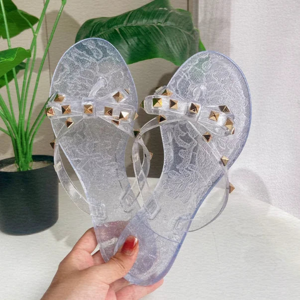 Ladies Leisure Waterproof Shoes Summer Zoris Slippers In Flats Clear Yellow Flip-Flops With Gold Stud Bow-Knot PVC Slides 36-42