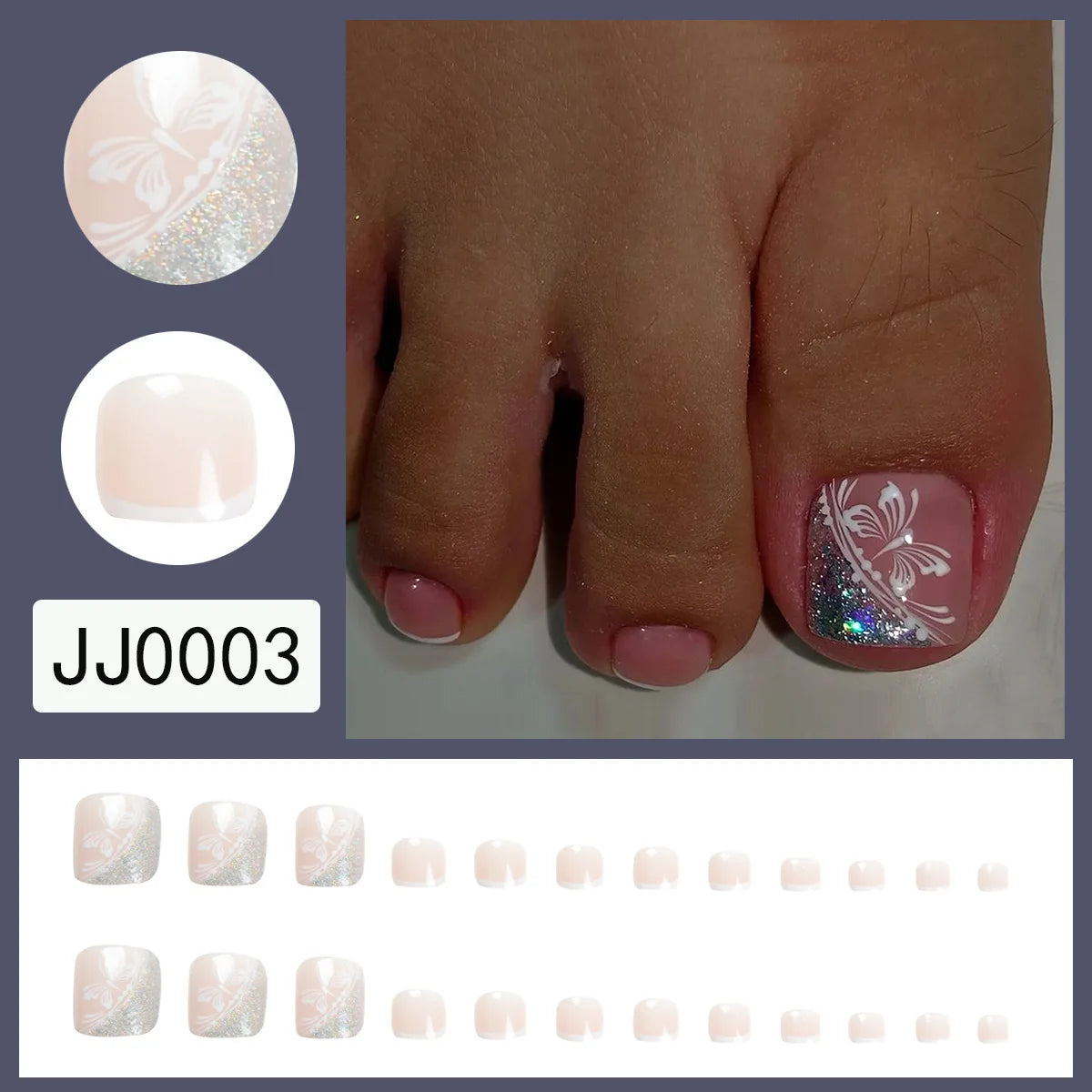 New White Flower Artificial Toe Nails with Gold Foil False Toenail Tips French Lady Girl Wearable Press on Nails for Feets