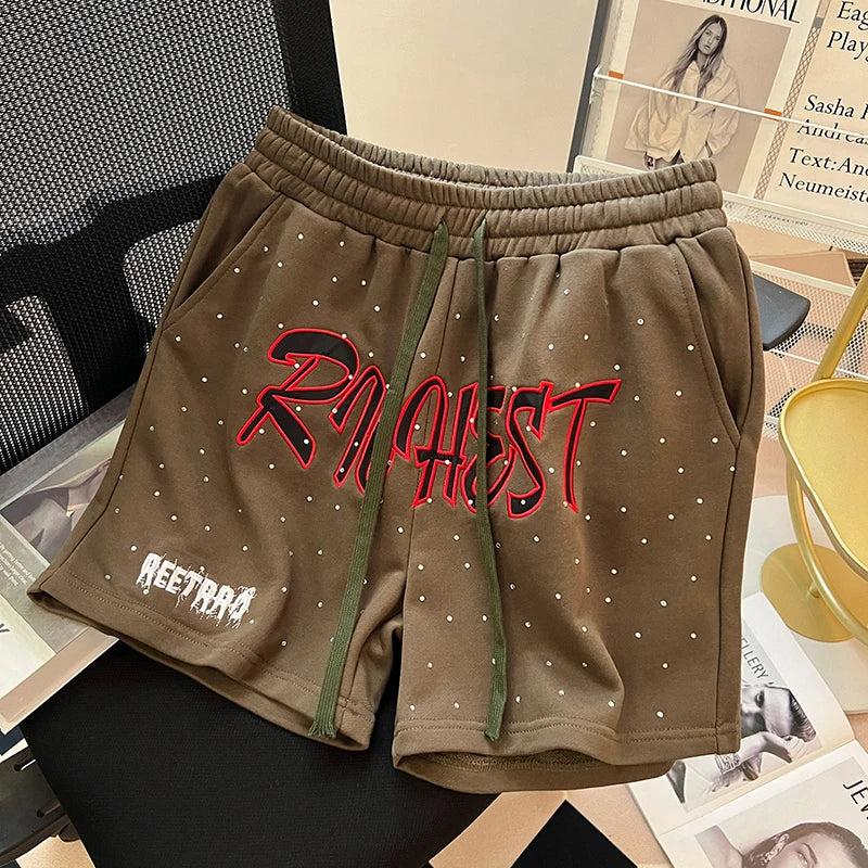 Diamond Patch Embroidered Letter Logo Casual Shorts Loose Drawstring Shortpants Jorts for Men Women
