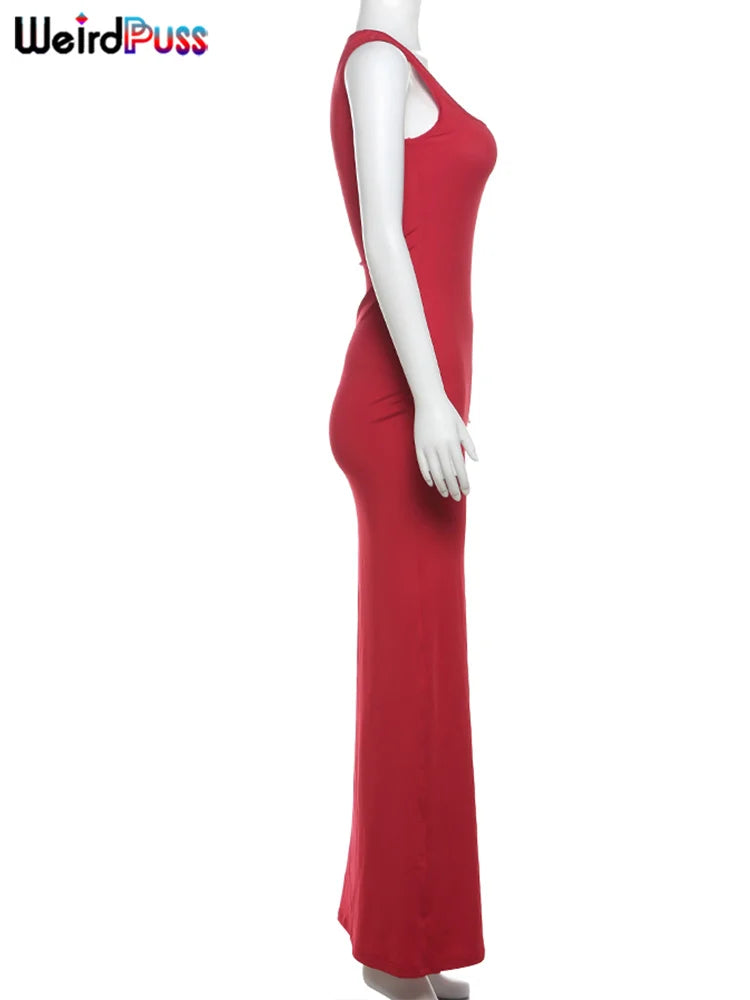 Weird Puss Solid Maxi Dress Woman Summer Sexy Sleeveless Low Chest Simple Elegant Smooth Fashion Party Evening Skinny Vestidos