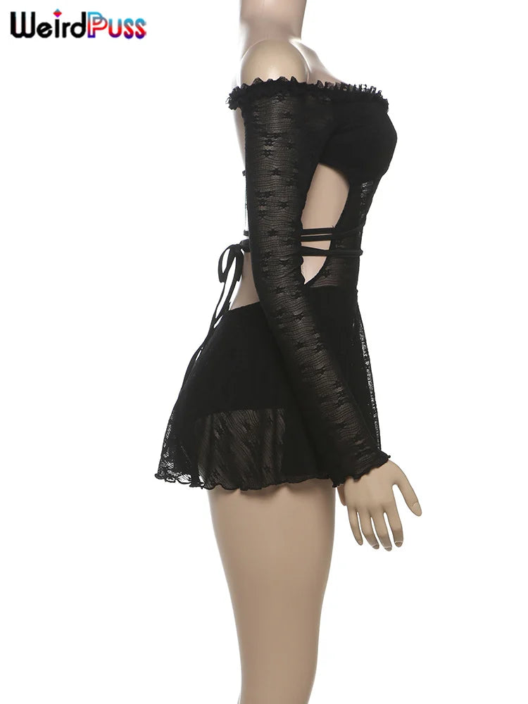 Weird Puss Slash Neck Backless Dress Sexy Fall Trend Women Thin Bandage Hollow Lace Birthday Party Stretch Jacquard Mini Bodycon