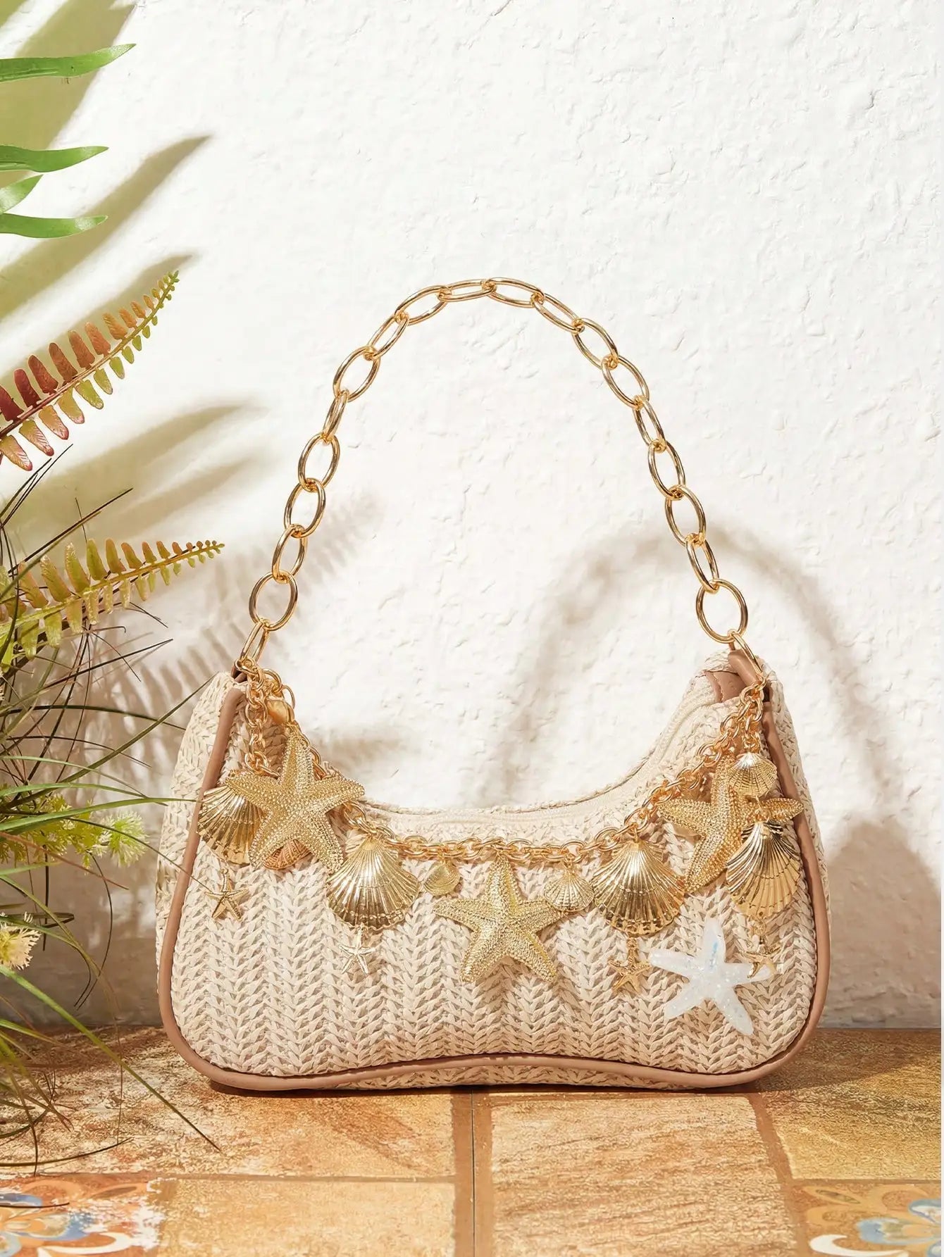 ROMWE Fairycore 1pc Summer Beach Starfish Series Shell & Seashell Woven Shoulder Hand Carry Bag