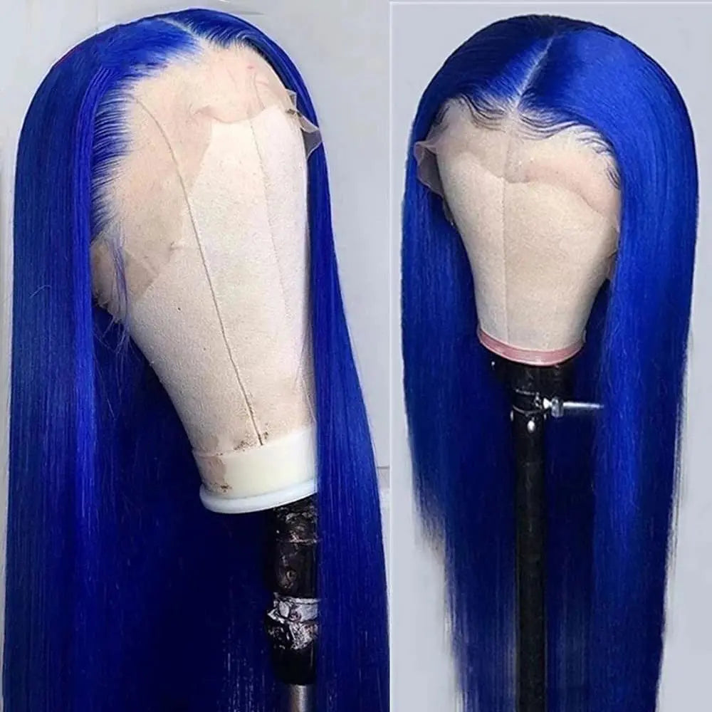 Navy Blue Bone Straight 13x4 Lace Front Human Hair Wigs Brazilian Blue Colored Transparent Lace Front Wigs For Women Pre Plucked