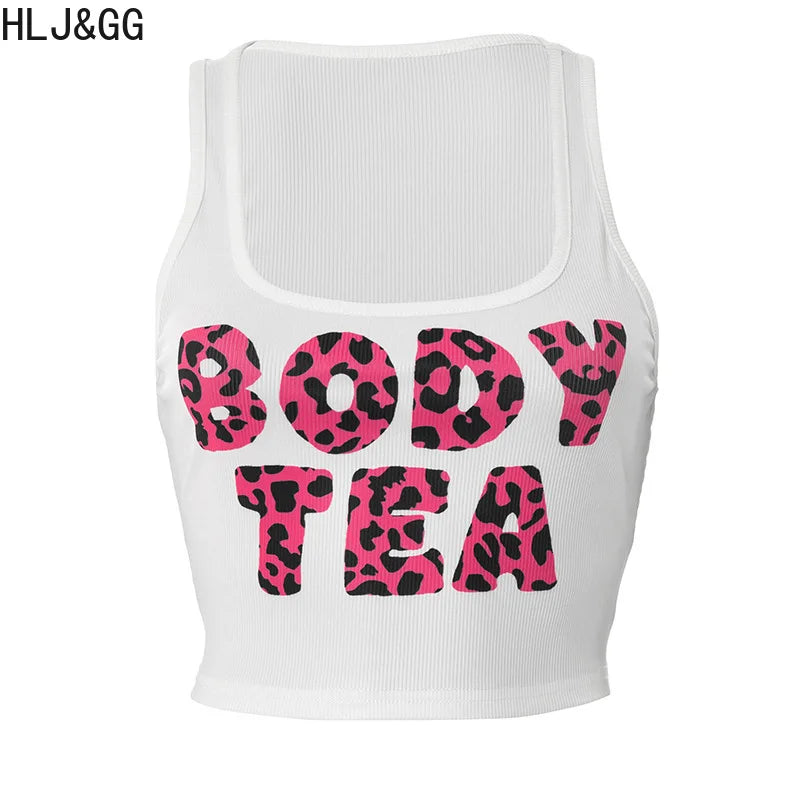 HLJ&GG Y2K Summer New Letter Tank Top Two Piece Sets Women Round Neck Sleeveless Vest + Sequin Leopard Shorts Outfits Streetwear