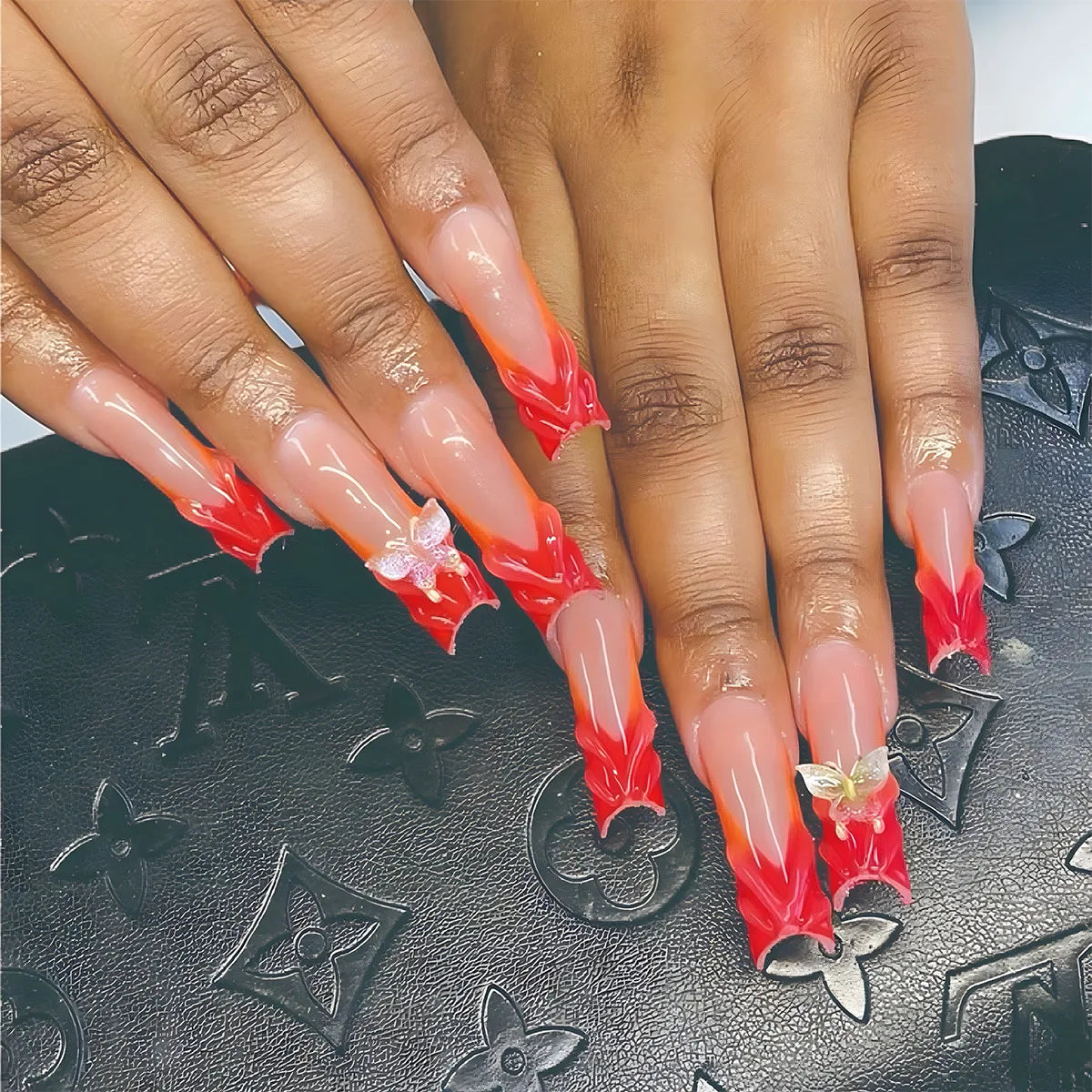 24Pcs Long Square Press on Nails Leopard Print French 3D Cherry Design False Nail Rhinestone Wearable Full Cover Fake Nails Tips