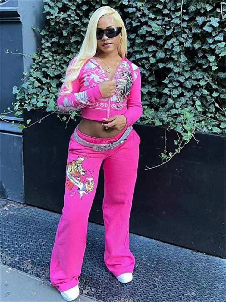 Spring 2 Two Piece Sets Casual Tracksuits Women Long Sleeve Zipper Crop Top+Baggy Pants Suits Club Rose Red Matching Outfits