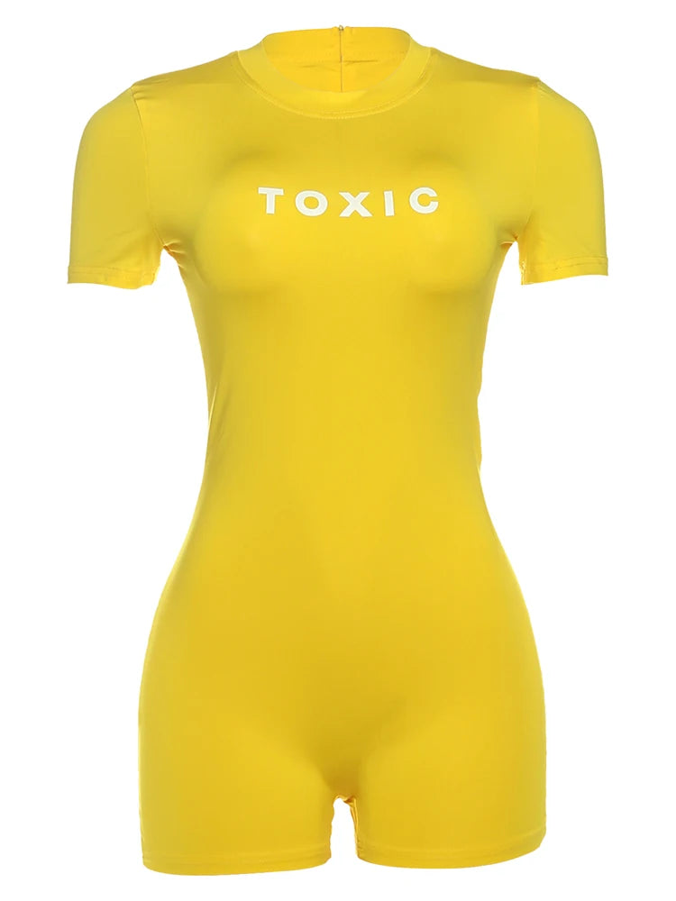 Weird Puss Letter Print Fashion Romper Women Body-Shaping  o-Neck Mini Sleeve Tight Peach Hip Casual Simple Workout Playsuits