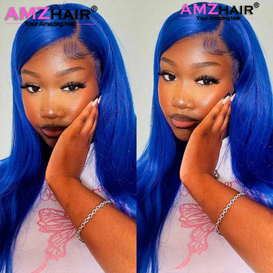 Navy Blue Bone Straight 13x4 Lace Front Human Hair Wigs Brazilian Blue Colored Transparent Lace Front Wigs For Women Pre Plucked