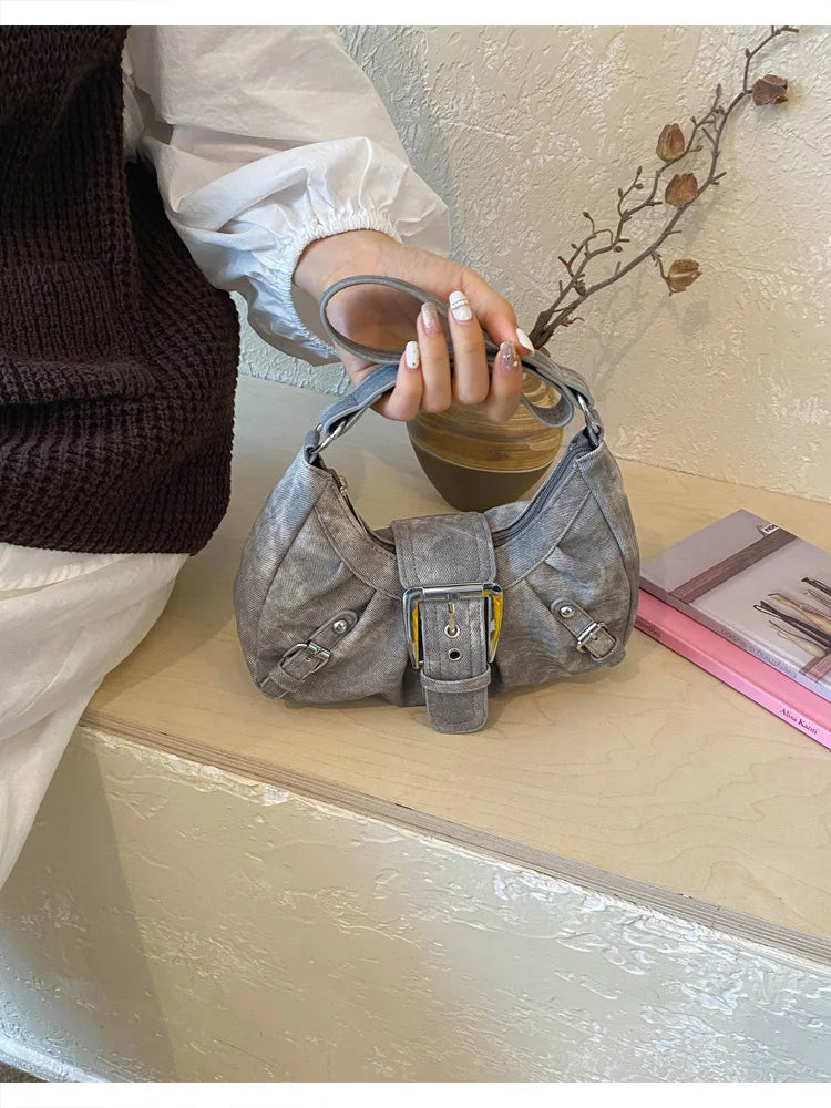 Vintage Tie-Dye Denim Underarm Bag Y2K Metal Buckle Pleated Commuting Versatile Handbag Crescent Small Shoulder Bag