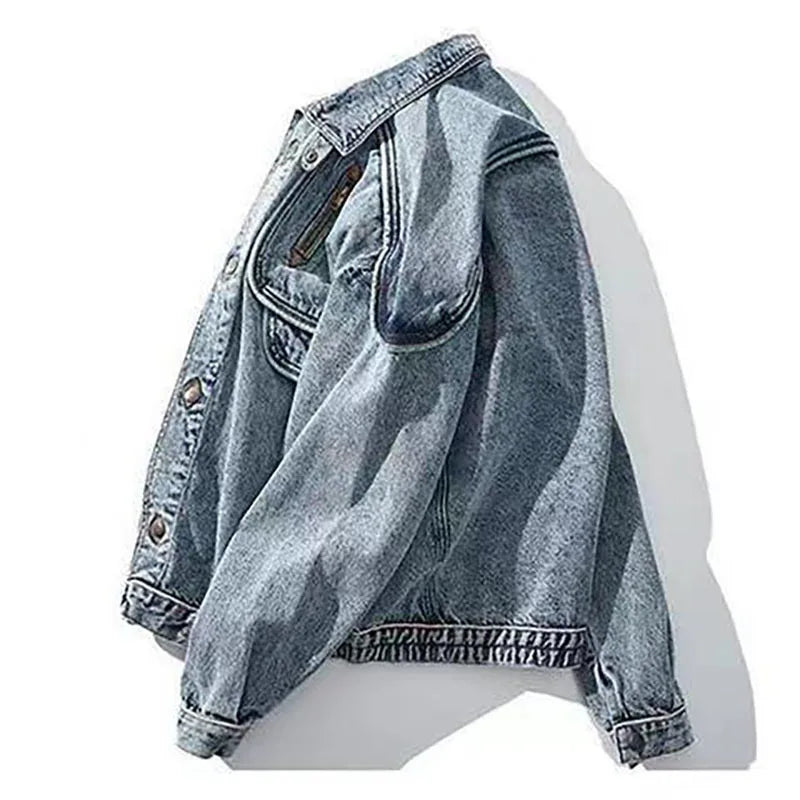 American Retro Jacket Snowflake Washed Vintage Denim Jacket Zipper Pocket Tooling Lapel Jean Coats Loose Motor Jaqueta Outerwear