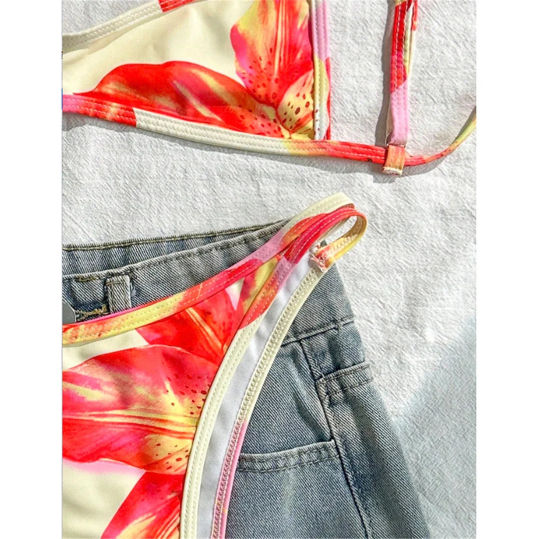 S - XL Flower Printed Bikini Female Swimsuit Women Swimwear Two-pieces Bikini set High Leg Cut Bather Bathing Suit Swim V7800