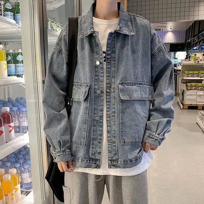 Button Short Casual Slim Cowboy Coat for Men Korean Popular Clothes Denim Jackets Man Loose New In Designer Branded Rock Lxury