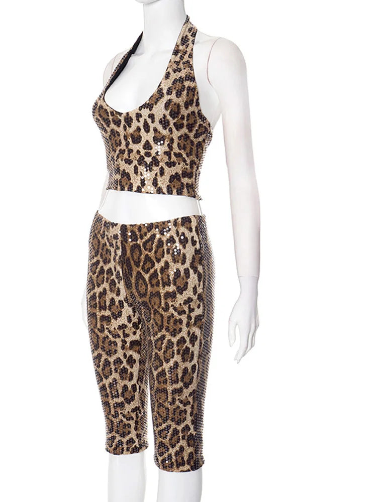 Kricesseen Women's Leopard Sequins Halter Crop Top And Matching Shorts Set 2 Piece Outfits Summer Wild Tracksuits Set Rave Wear