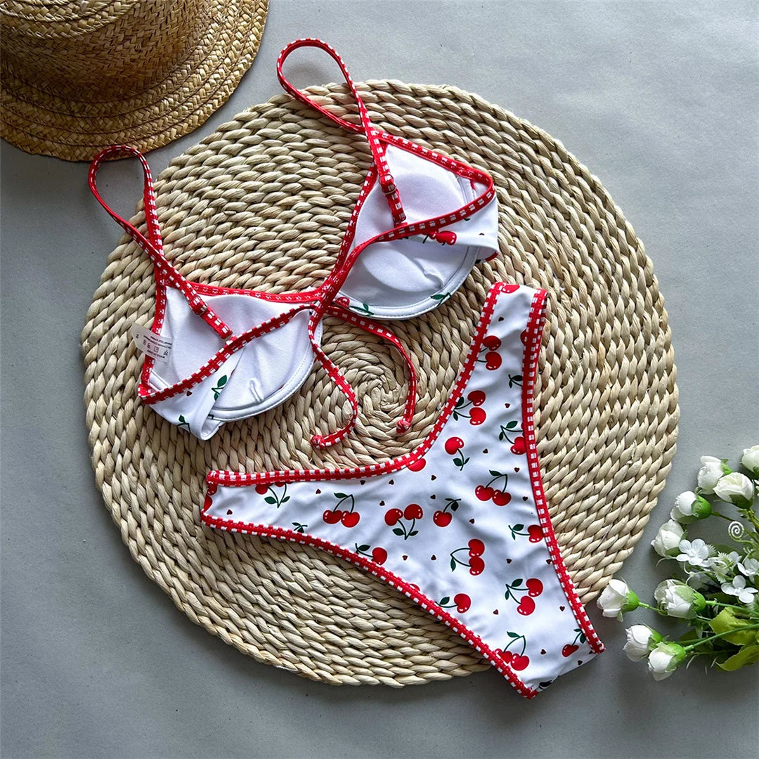 Cherry Printed Underwired Brazilian Bikini, Swimwear,  Swimsuit Two-pieces Bikini set Bather Bathing Suit Swim K5913