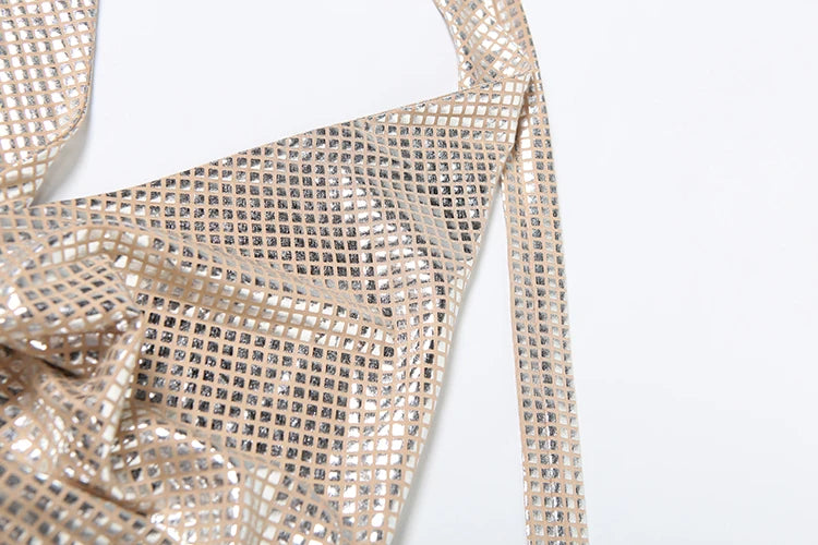 Weird Puss Sequins Backless Sexy Tank Tops Swing Collar Summer Sleeveless Pleated Lace-Up Halter Party Streetwear Skinny Vest