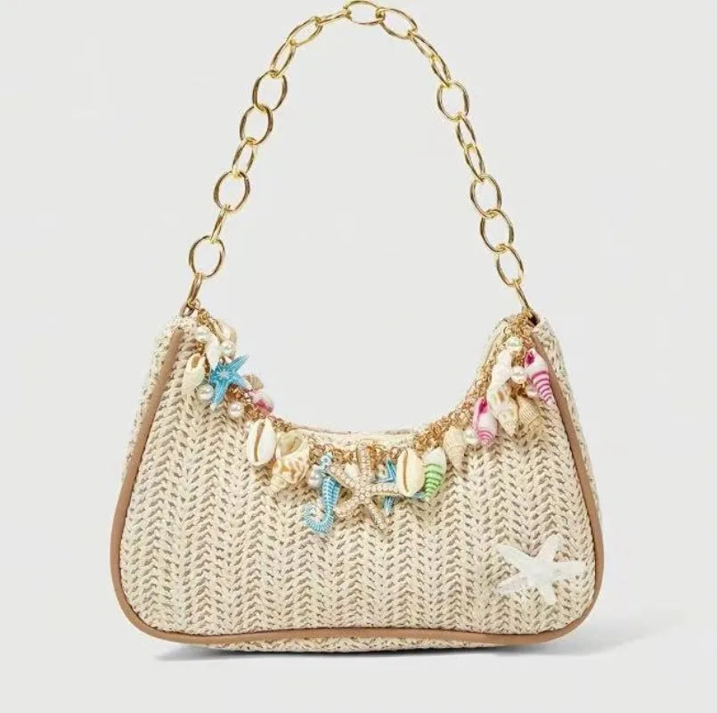 Bohemian Summer Straw Shoulder Bag with Ocean Shell, Starfish & Seahorse Charms, Perfect for Beach Vacation & Tropical Getaways