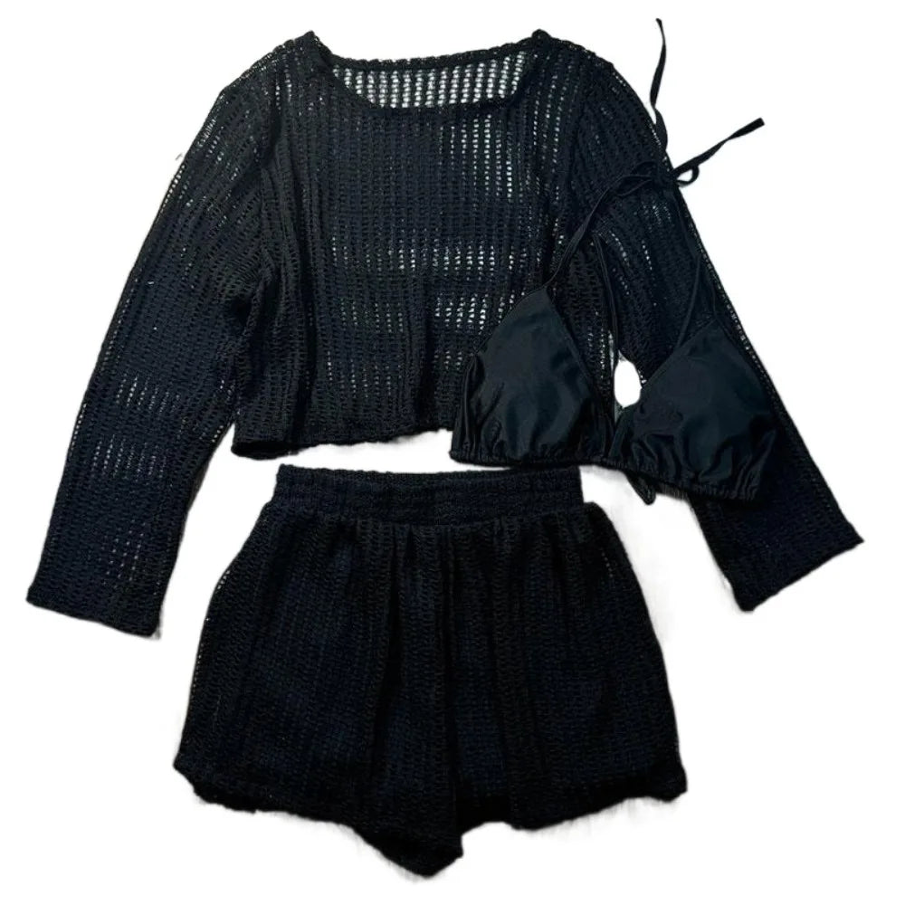 Loose Long Sleeve Swimsuit Hollow Out Pullover Crochet Knit Bathing Suit Beachwear Clothings Beachwear Three Pieces Set Swimwear