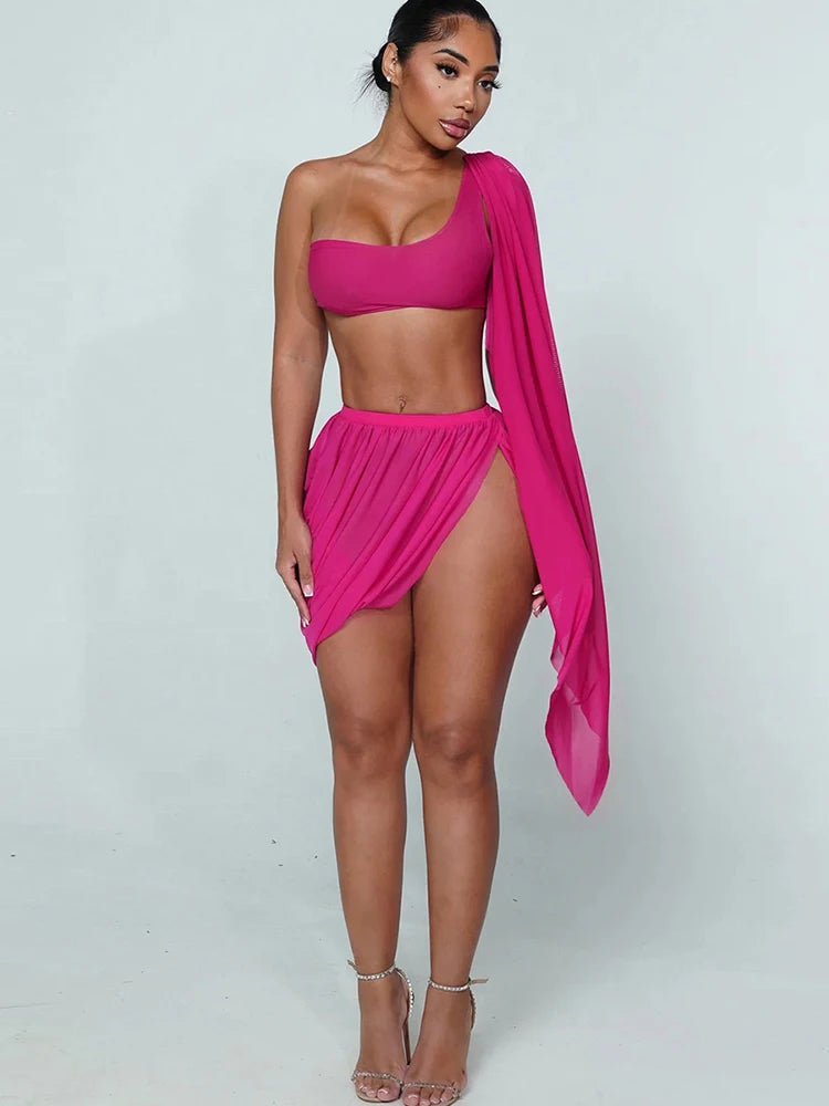 Weird Puss Y2K Sexy 2 Piece Set Women See Through Midnight Irregular Full Sleeve Crop Tops+Ruched Split Skirts Matching Clubwear