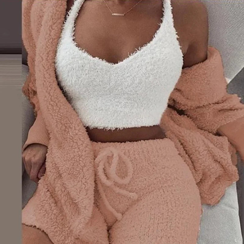 Fluffy Pajamas Set for Women Casual Sleepwear Tank Top and Shorts Plus Size Hoodie Leisure Homsuit Winter Teddy 3 Pieces Pijamas