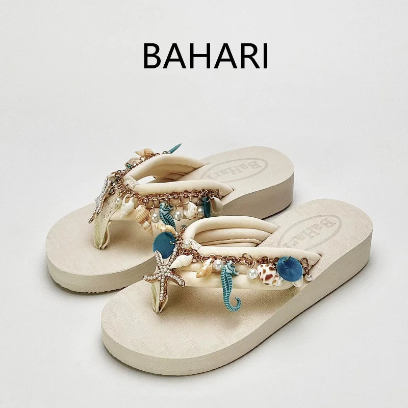 Women's Summer Bohemian Seaside Vacation Slippers Outside Pinch Beach Shoes Fashion Platform Slippers Flip-flops