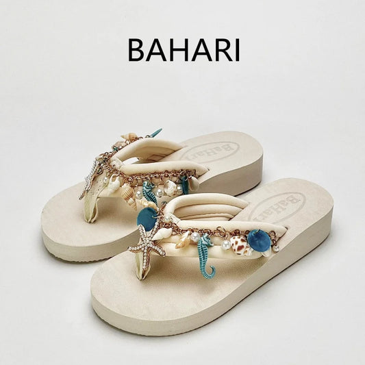 Women's Summer Bohemian Seaside Vacation Slippers Outside Pinch Beach Shoes Fashion Platform Slippers Flip-flops