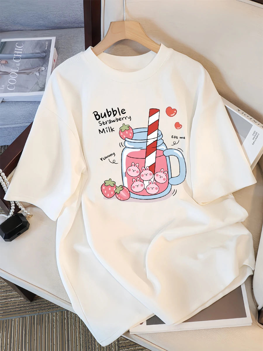 Delicious Strawberry Beverage Print Women T Shirt Summer Breathable Tee Cotton Street Clothing Casual Sport Cool Short Sleeve