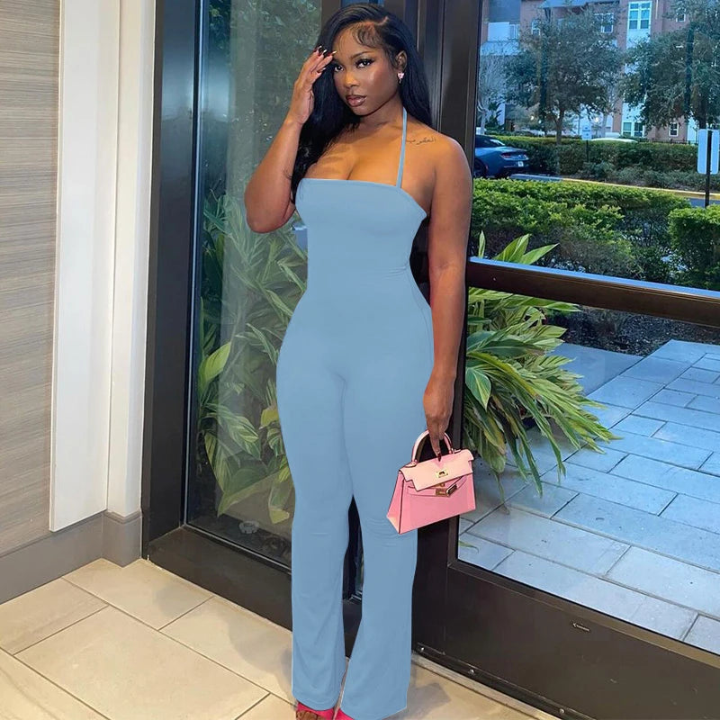 Hugcitar 2025 Spring Halter Solid Sleeveless Backless Sexy Bodycon Flare Pants Jumpsuit Women Casual Rompers Streetwear Festival