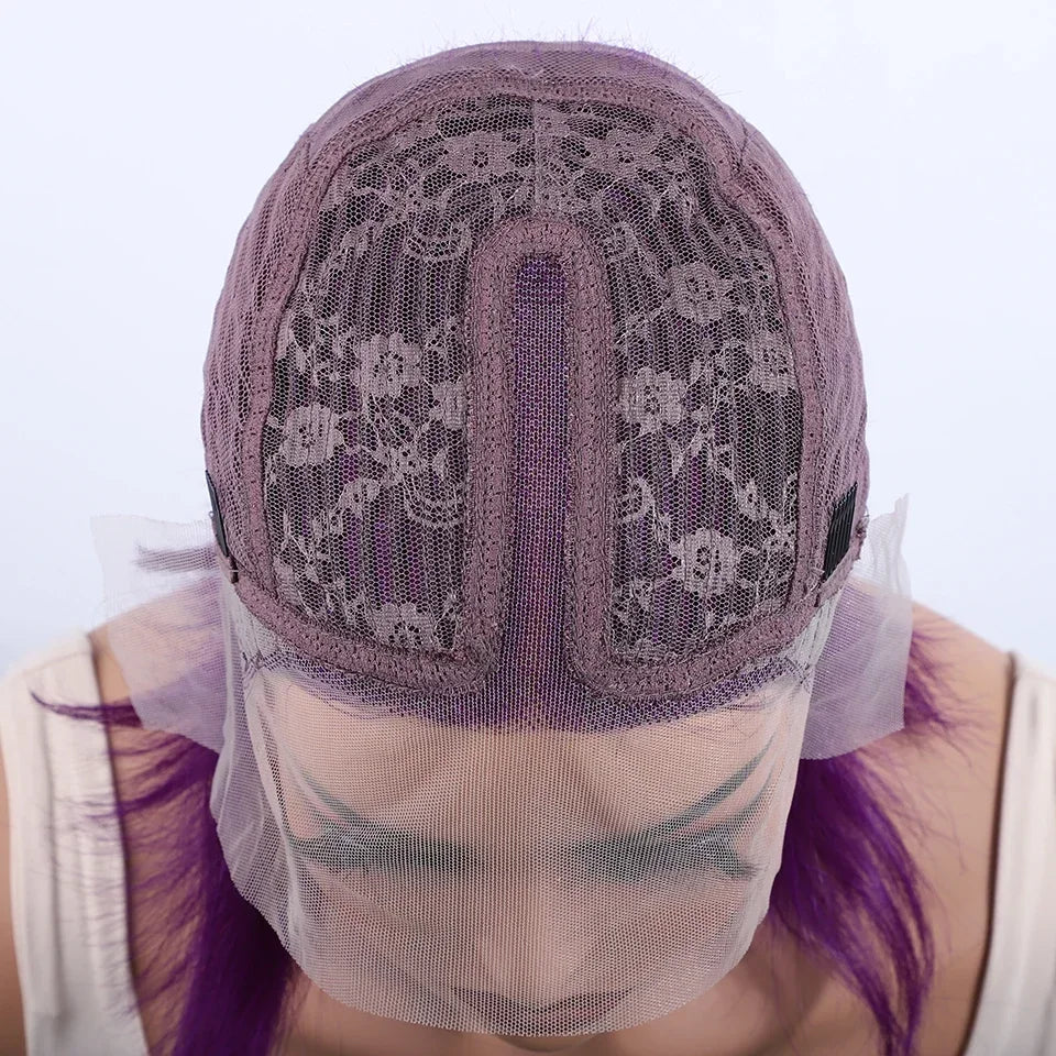 Brazilian Cosplay Purple Hair 13x5x1 T Part Transparent Lace Front Human Hair Wigs 180D  Short Straight Lace Bob Wigs Human Wigs