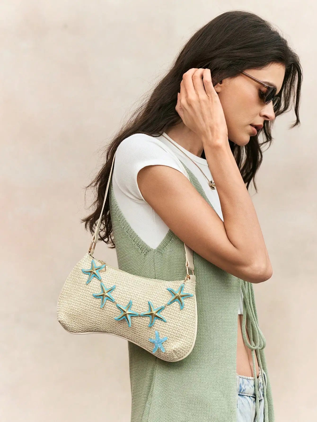 ROMWE Fairycore 1pc Summer Beach Starfish Series Shell & Seashell Woven Shoulder Hand Carry Bag