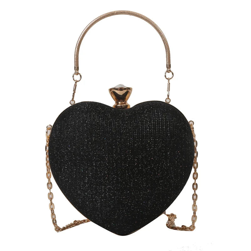 Evening Clutch Bag For Women Shiny Heart Shape Metal Clutch Chain Shoulder Purse