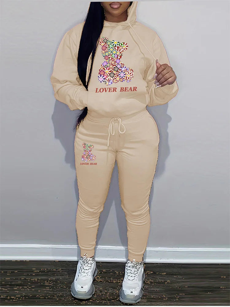 Women's Hoodies Sets Pants Suit 2 Piece Outfits 2025 New Letter Print Bear Aesthetics Sweatshirt and Sweatpants Womens Tracksuit