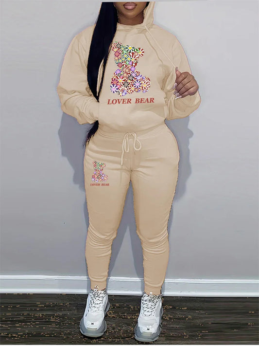 Women's Hoodies Sets Pants Suit 2 Piece Outfits 2025 New Letter Print Bear Aesthetics Sweatshirt and Sweatpants Womens Tracksuit
