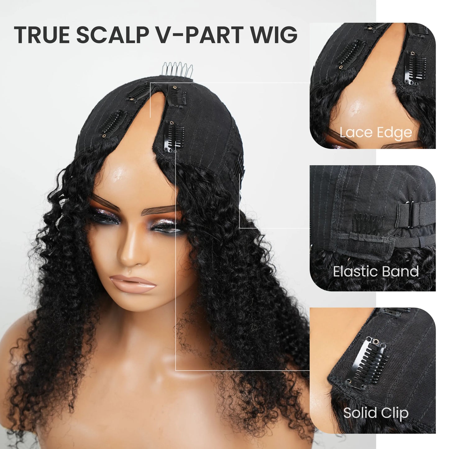 30 Inch Curly V Part Wig Human Hair Brazilian Virgin Human Hair Wig  Upgrade U Part Wig Glueless V Shape Wig Natural Black Color