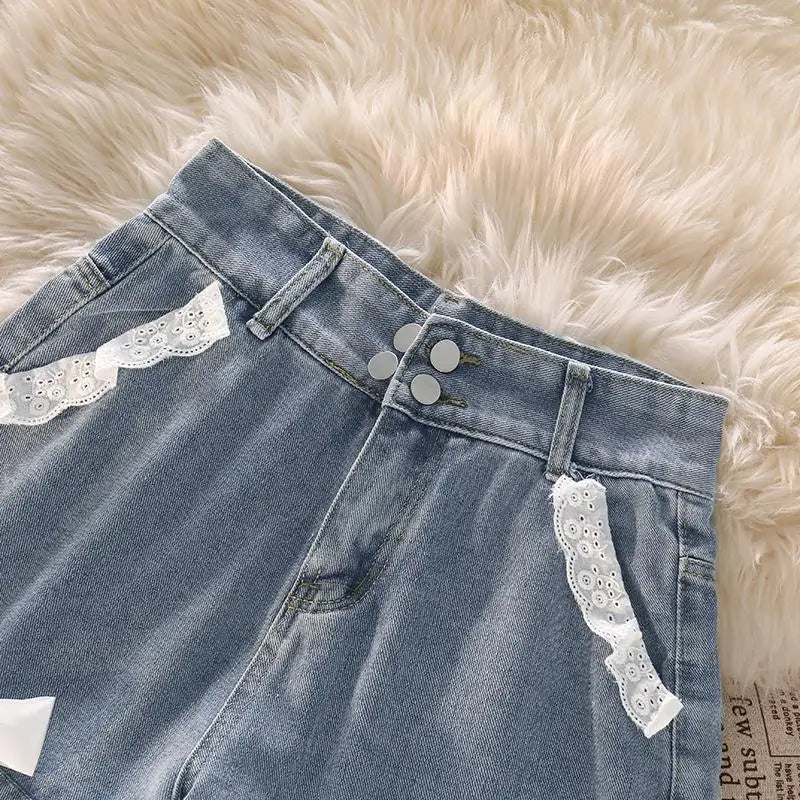 Japanese Preppy Style Bow Lace Patchwork Y2k Shorts Women Summer Straight Hotsweet High Waist jeans Short Pants Ruched