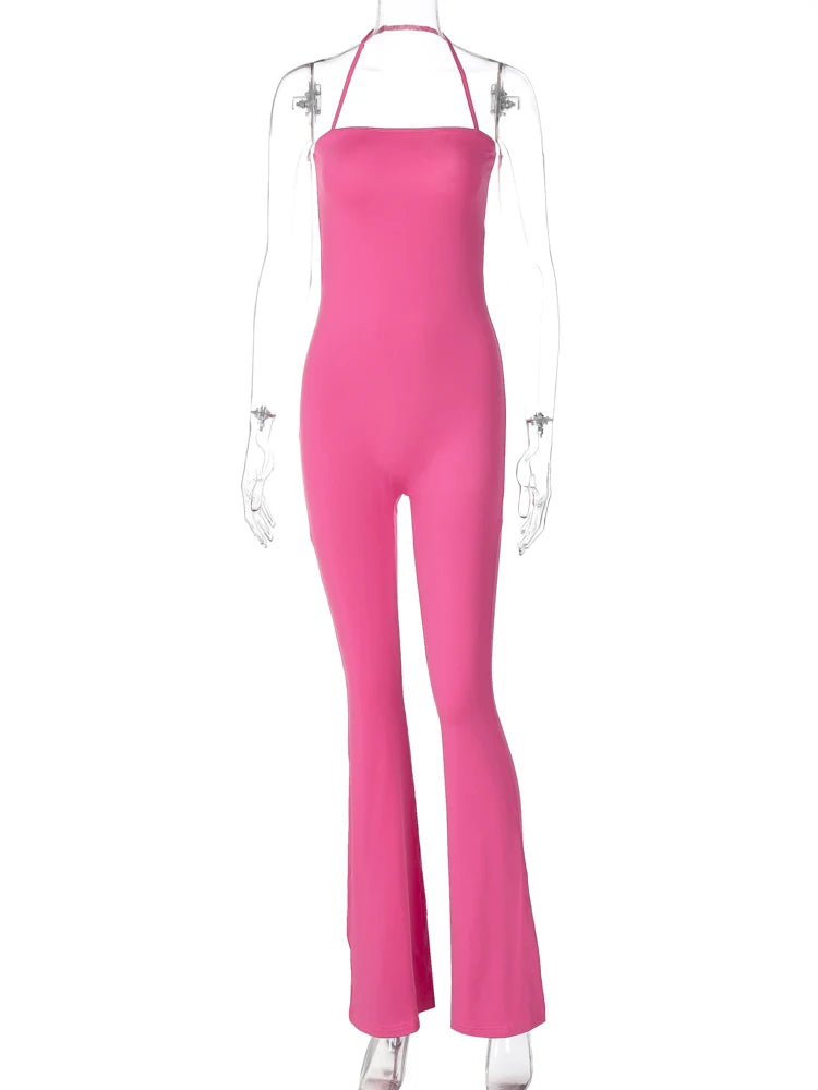 Hugcitar 2025 Spring Halter Solid Sleeveless Backless Sexy Bodycon Flare Pants Jumpsuit Women Casual Rompers Streetwear Festival