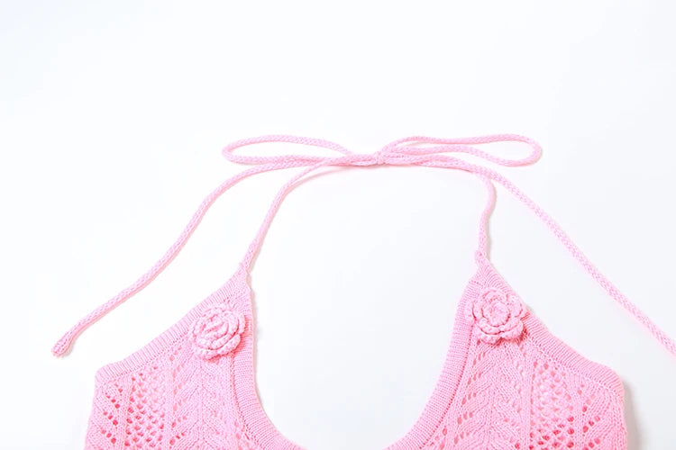 Weird Puss Beach Crochet Women Summer 2 Piece Set Applique Halter Bandage Camisole+Maxi Skirts Sexy Matching Vacation Clubwear