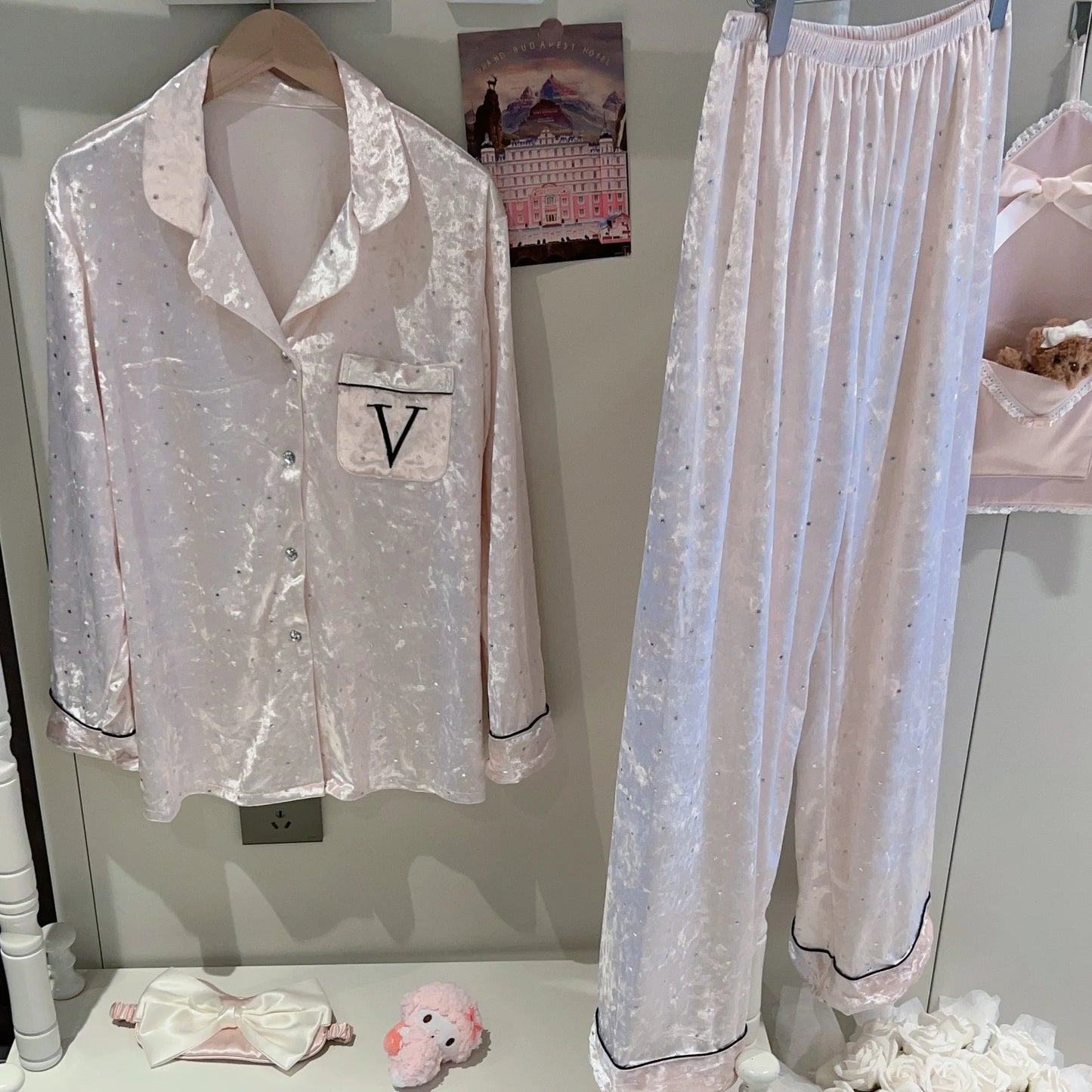 Velvet Dot Print 2Pcs Top&pants Lady Warm Home Clothes Autumn Winter New Pajamas Sexy Trousers Suit Loose Sleepwear Women Pjs