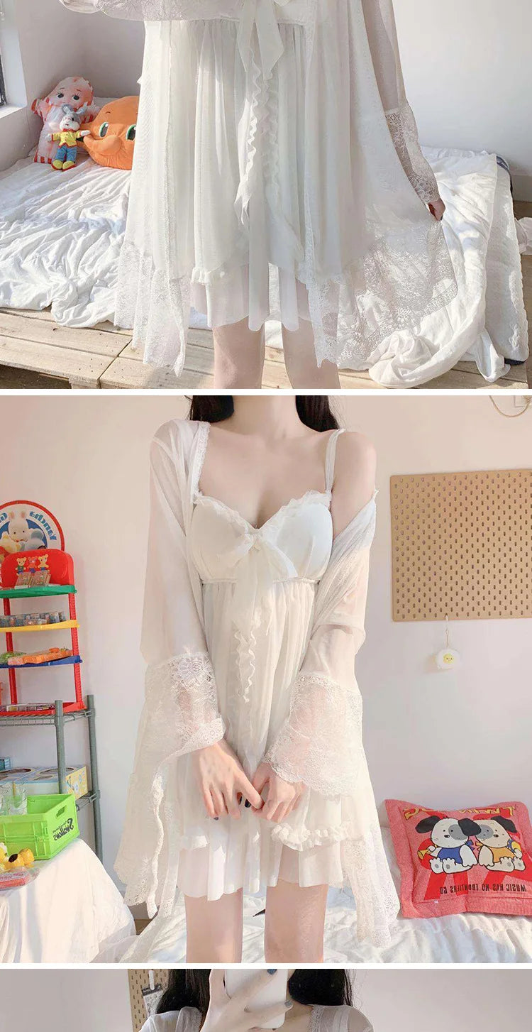 Summer Sexy Pajamas with Breast Pads Female Lace Pajamas Robe Gown Set Sexy Sleepwear White Lace Night Gown  Lingerie for Women