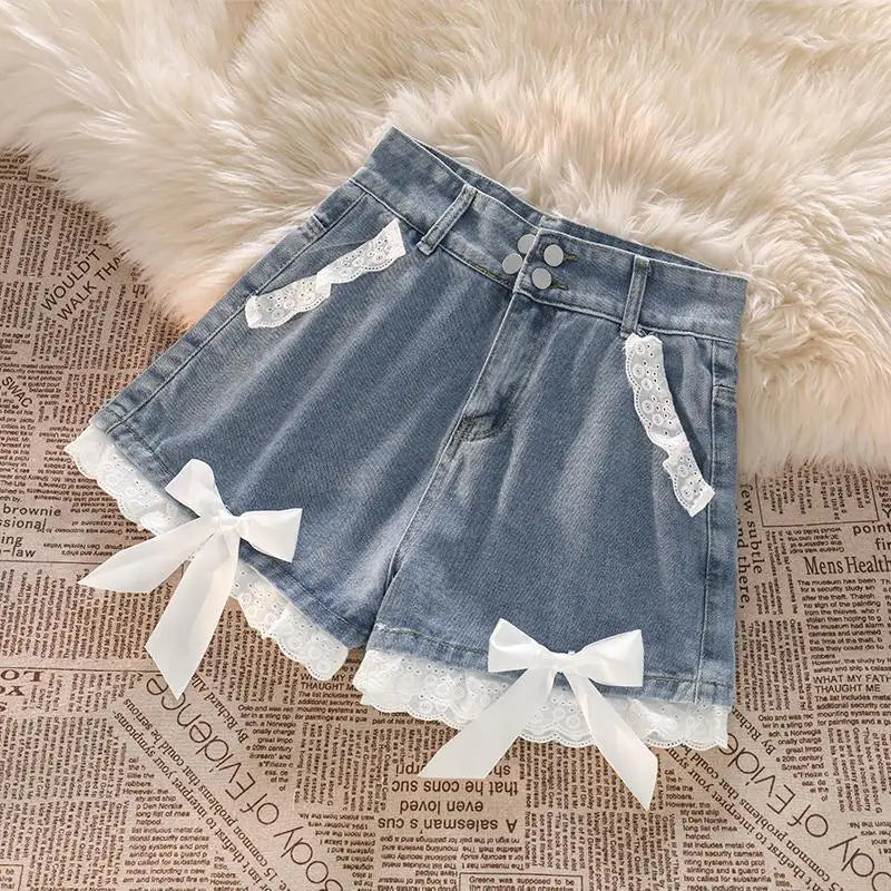 Japanese Preppy Style Bow Lace Patchwork Y2k Shorts Women Summer Straight Hotsweet High Waist jeans Short Pants Ruched