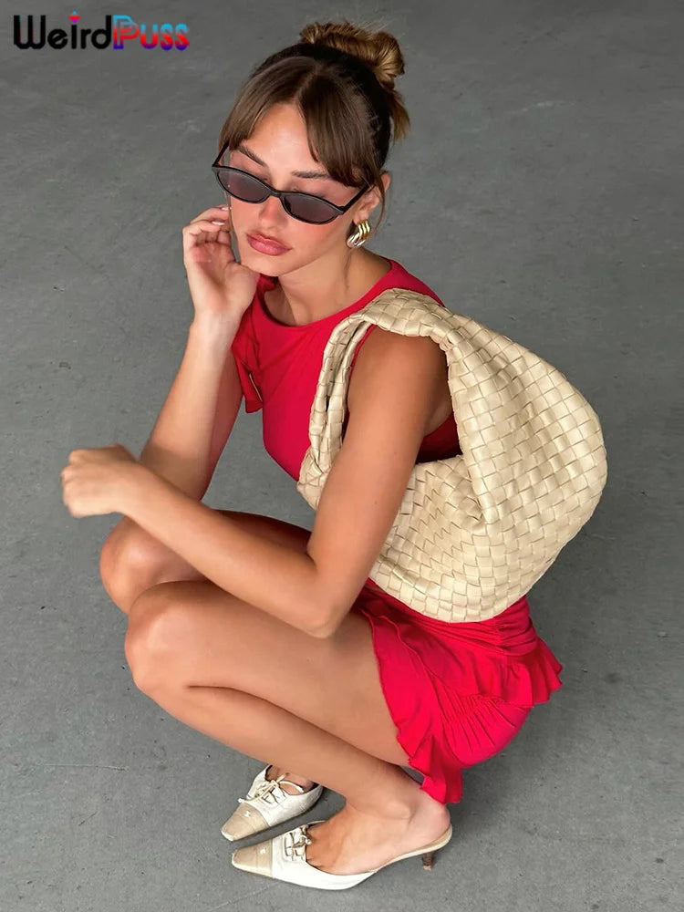 Weird Puss Women 2Piece Set Double-Deck Pleated Tassel Mini Skirt+Bandage Slim Tank Top Festival Party Sexy Matching Outfits