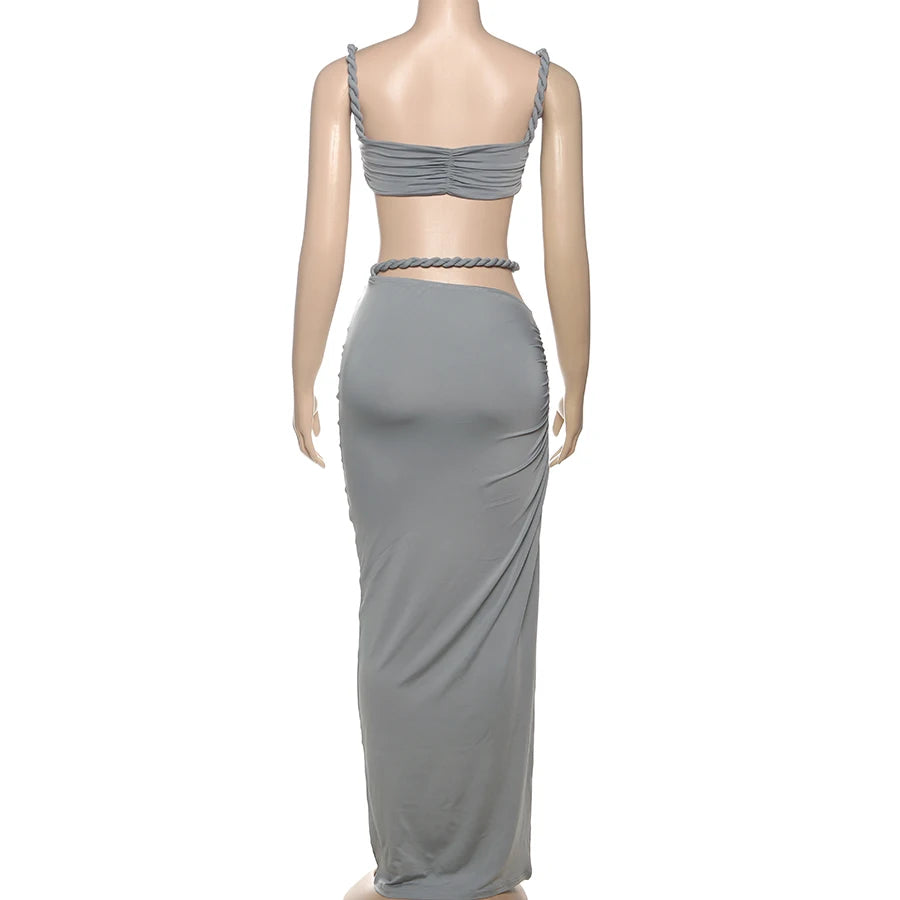 Weird Puss Square Collar 2 Piece Set Women Bra+Skinny Long Skirts Bandage Ruched 2025 Summer Vacation Beach Party Trend Suits