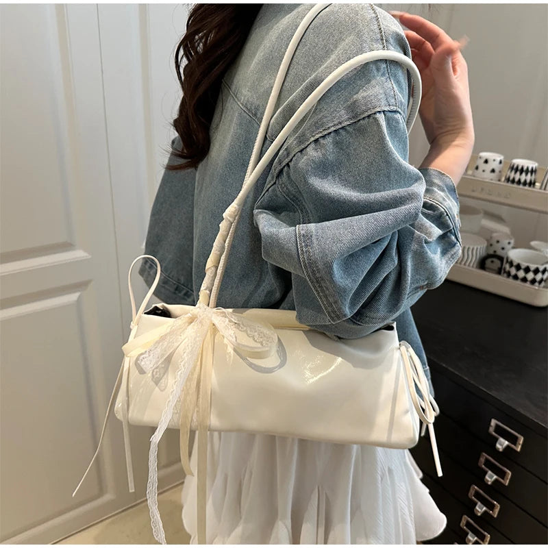 Korean Bow Ribbon Handbag Fashion Lace Square Shoulder Bag French Elegant Baguette Bag Leisure Large Capacity Tote Underarm Bag