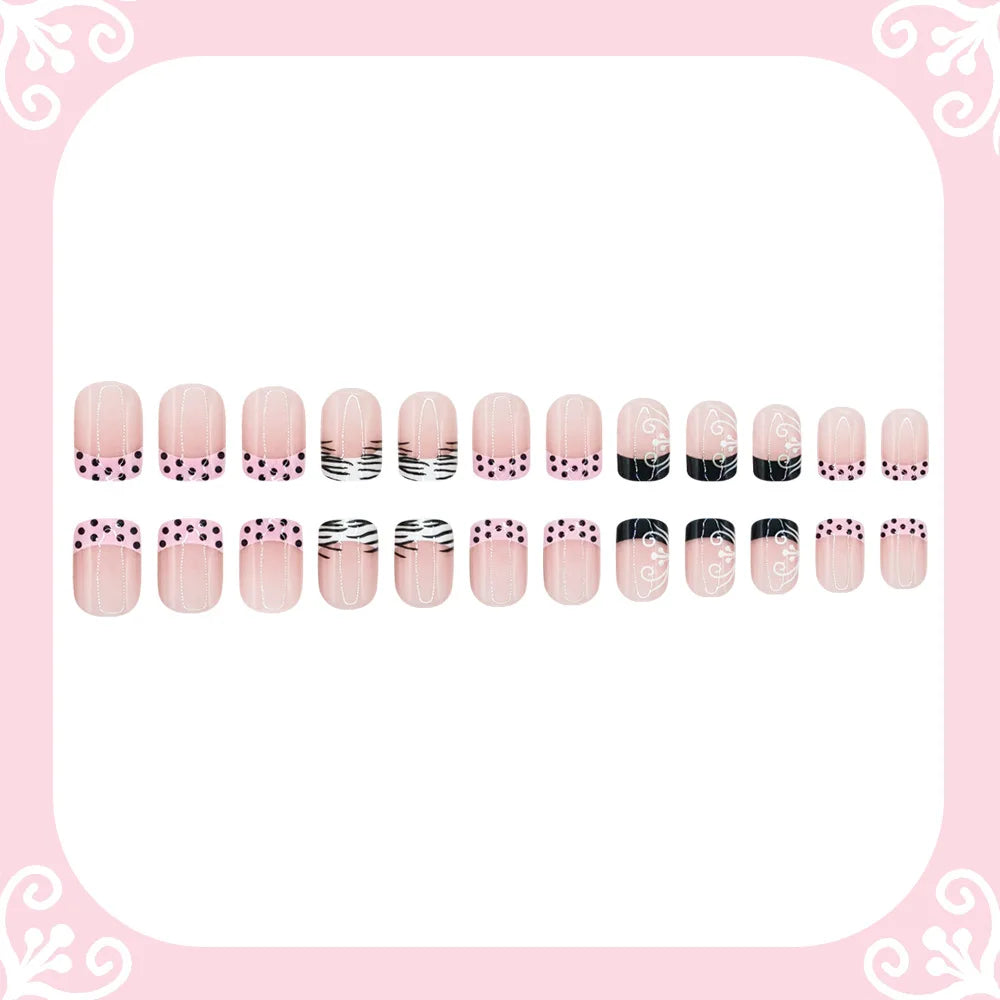 24pcs Short Square Shaped False Nails Black White Zebra-printed Polka Dot French Style Press On Nails Sweet DIY Manicure Art