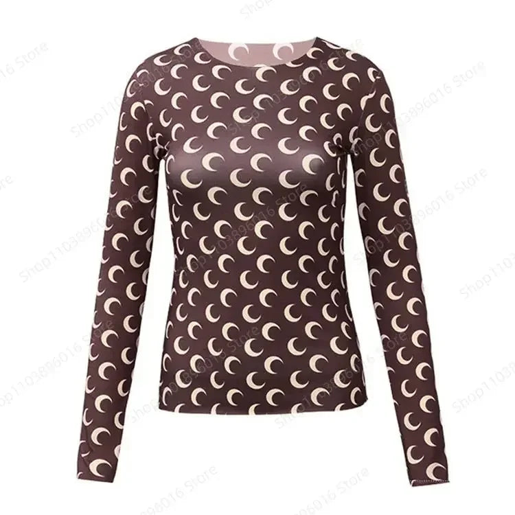 Moon Printed Tshirt Graphic Top for Women Stretchy Slim Korean Fall Spring Long Sleeve Tees Y2k Grunge T-Shirt 2000s Clothes