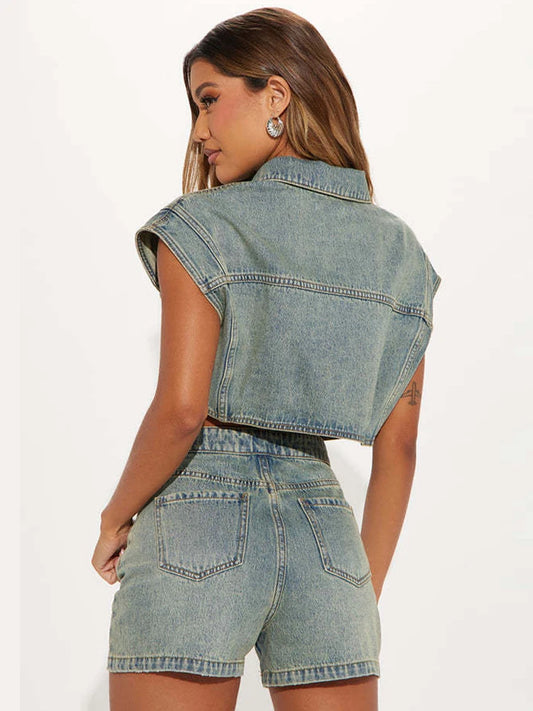 Weird Puss Patchwork Women 2 Piece Set Frock Single-Breasted Pocket Tank Tops+Lapel Short Matching Streetwear Outfits