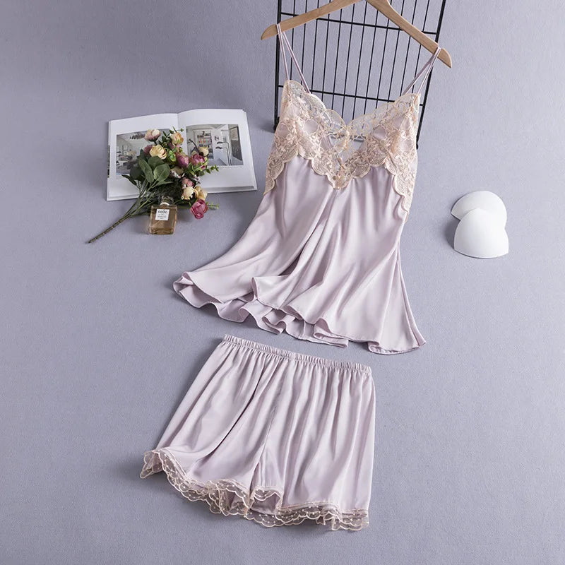 Women Suspender Pajamas Set New Summer Sleepwear Sexy Patchwork Lace Strap Top&Shorts Intimate Lingerie Thin Rayon Home Clothes