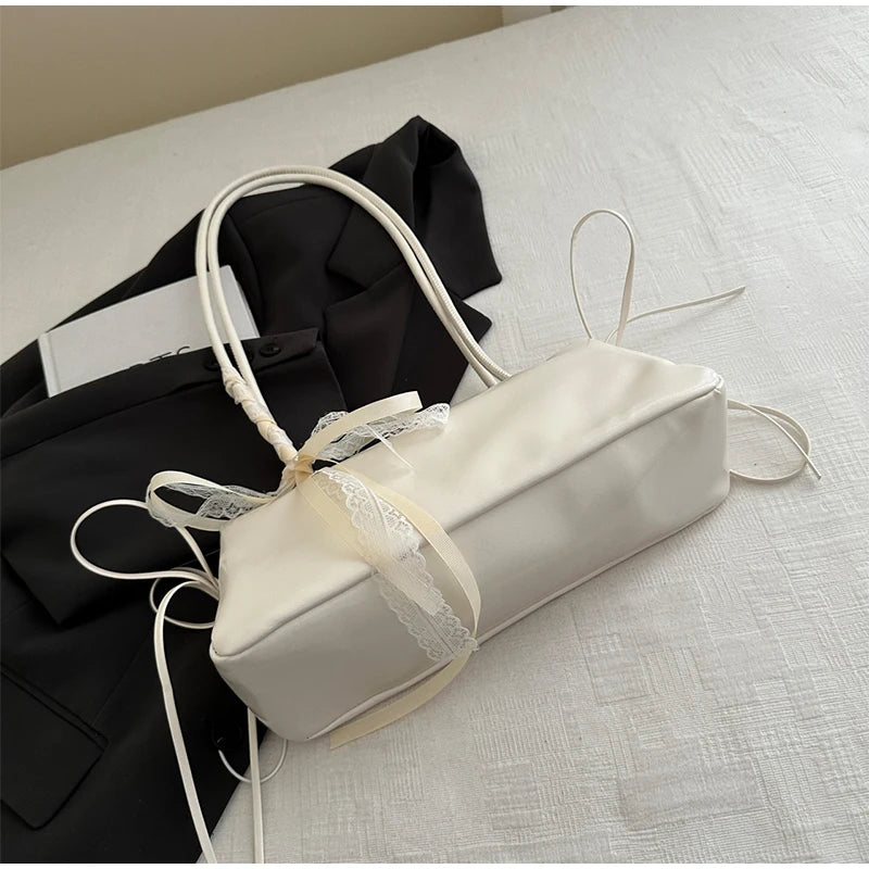 Korean Bow Ribbon Handbag Fashion Lace Square Shoulder Bag French Elegant Baguette Bag Leisure Large Capacity Tote Underarm Bag