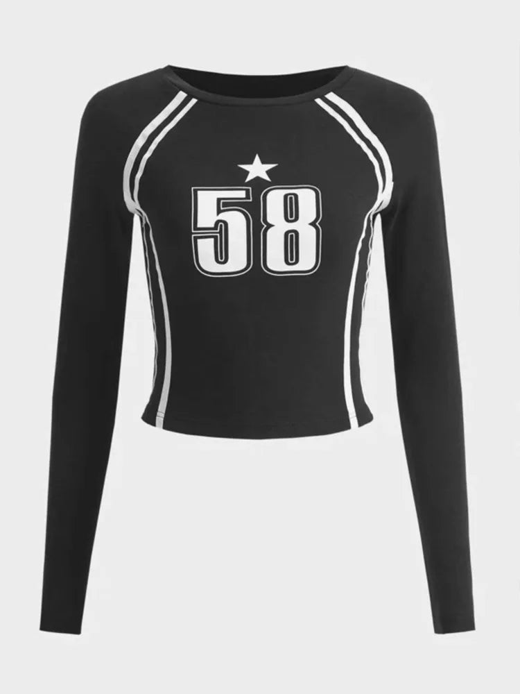 Gothic female Long sleeved Open Umbilical Letter Printing Casual Korean ladies Top Y2k Clothing EMO